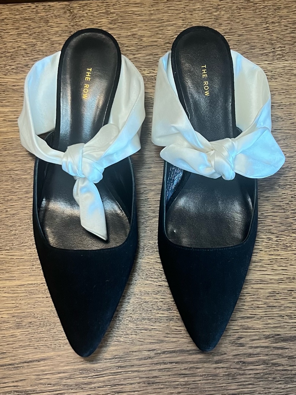 The Row Coco Mule Black Suede Ivory Satin Bow Kitten Heel EU 36